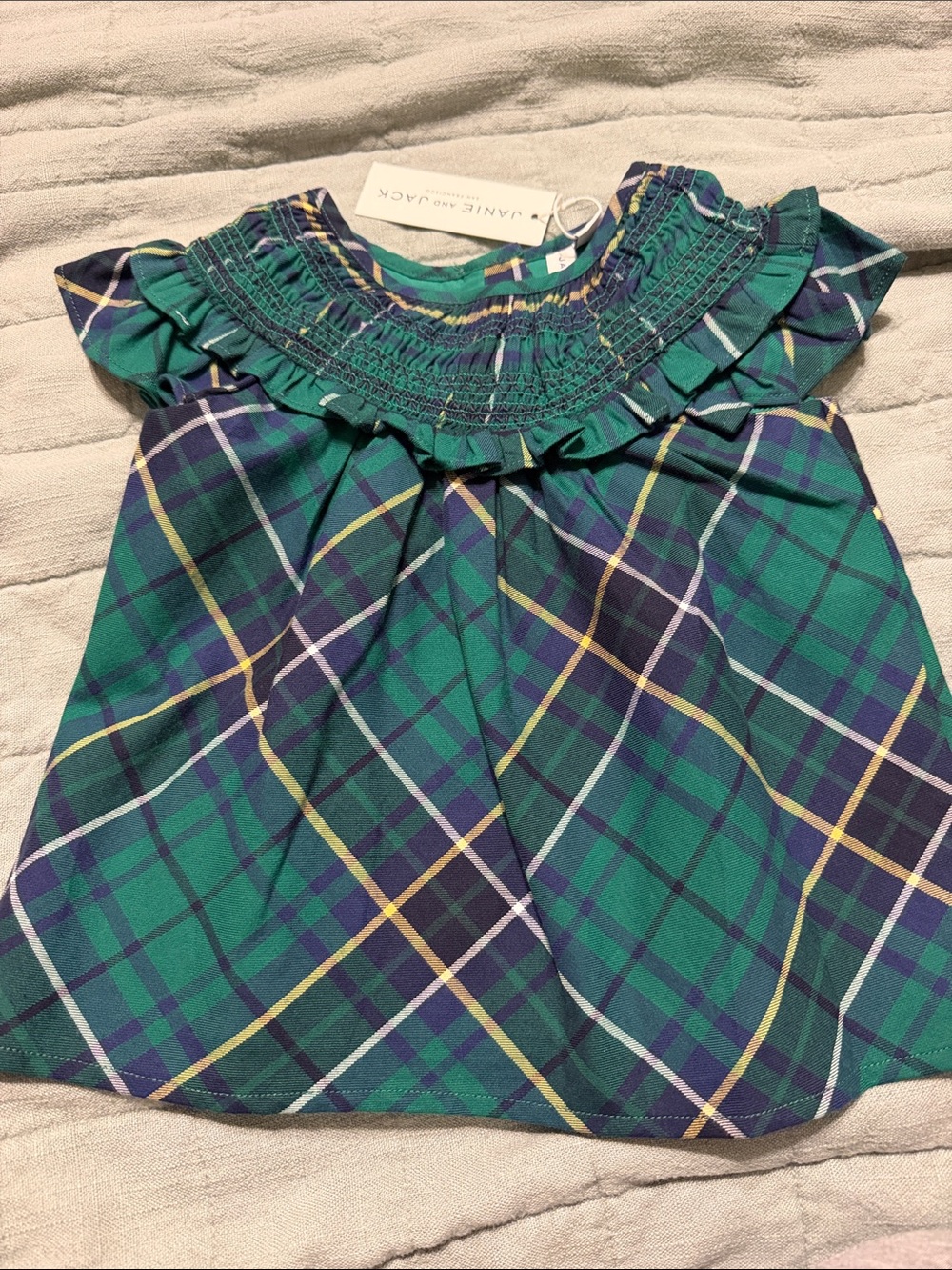 Janie and Jack Green & Navy Plaid Ruffle Smocked Top girls size 3